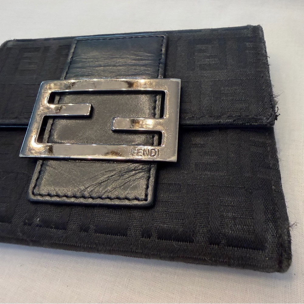 Fendi Zucca FF Logo Trifold Wallet Black Canvas Leather Metal Buckle - Picture 2 of 9